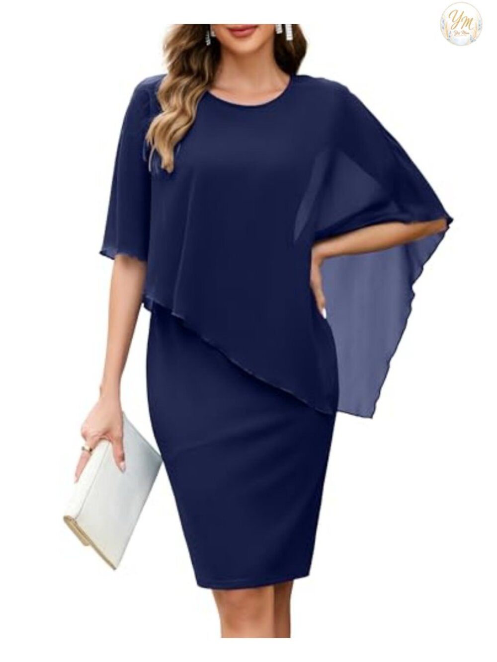 Chiffon Cape Midi Sheath Dress Wedding Guest Bodycon Sleeveless